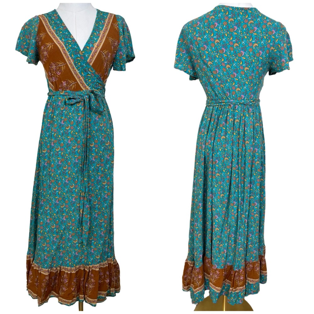 REBORN Wrap Maxi Dress‎ Women S Teal Rust Floral Boho Flutter Sleeve Festival